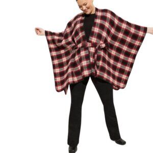 Torrid Womens Ruana Belted Poncho Jacket Red Combo Plaid OS New
